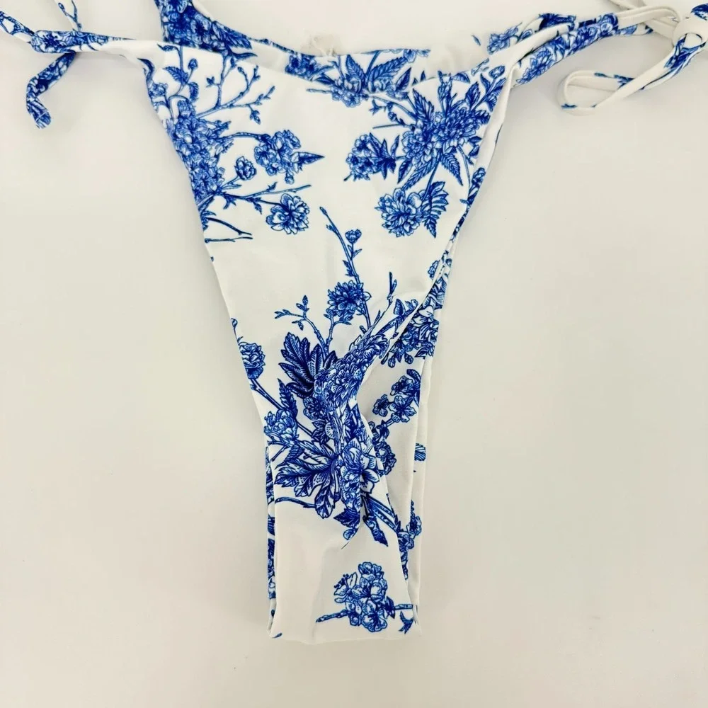 Berlook Blue Floral Bikini Bottom Small Cottagecore Coastal Chinoiserie Side Tie